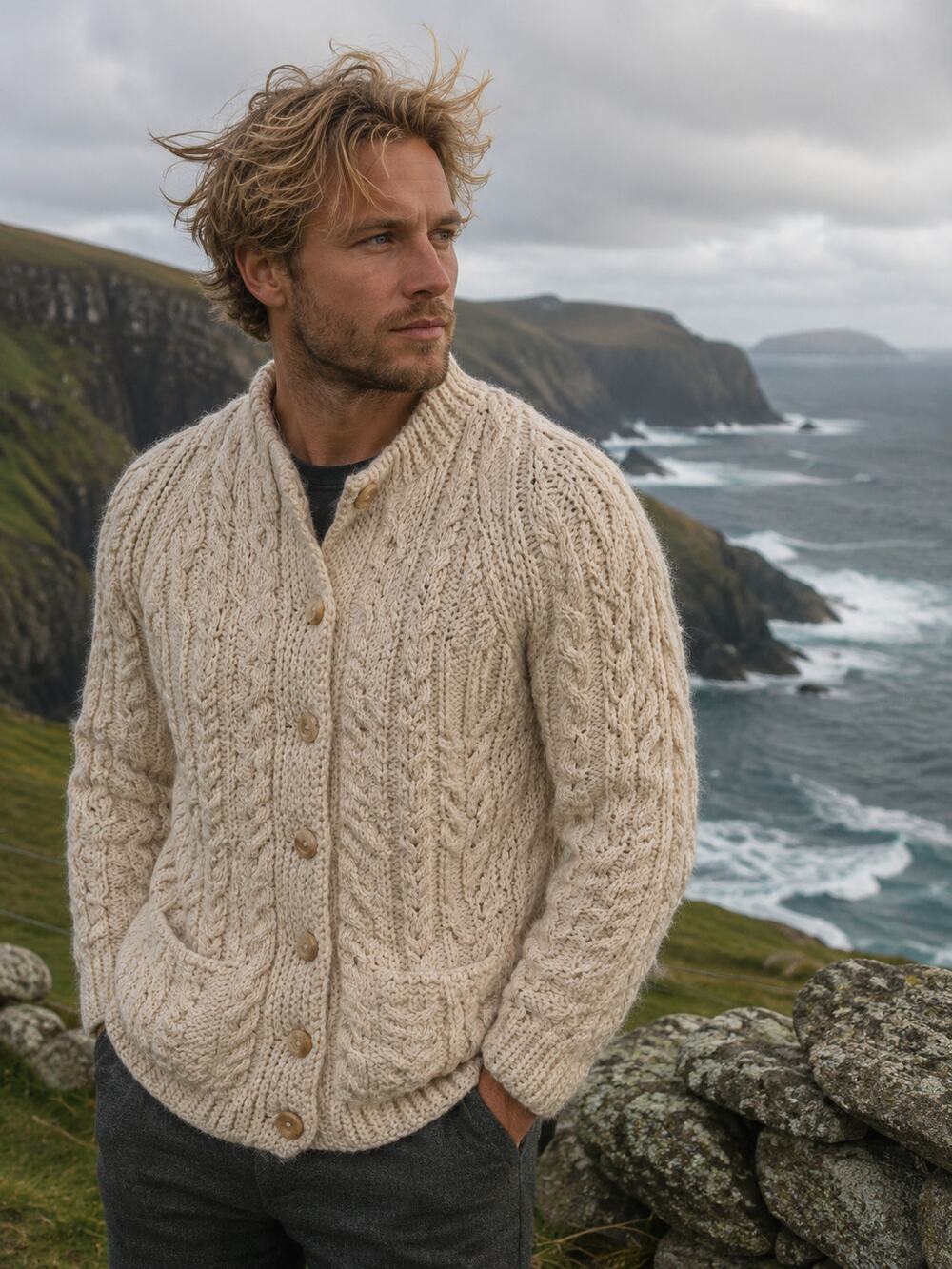 Blarney Woollen Mills Cardigan L Aran HandKnit Wool Cable Knit Fisherman Ireland